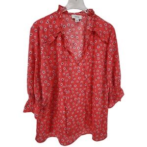 CeCe Calypso Coral Floral Ruffle Tie Neck Blouse 3/4 Smocked Sleeve Top M NEW